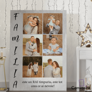 Tablou Canvas Portret Personalizat cu 6 poze și mesaj, Familia – Diferite Dimensiuni